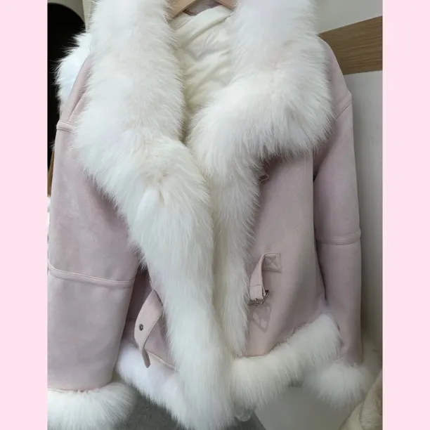 真狐狸毛白鸭绒外套网红女士秋冬翻领加厚皮毛一体上衣时尚保暖女