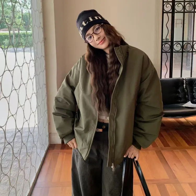 美式立领短款夹棉加厚棒球服外套男女秋冬季宽松大码情侣款