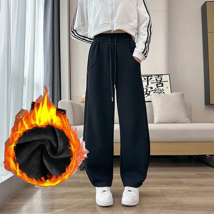 加绒加厚窄版香蕉运动裤女高腰阔腿显瘦黑色休闲直筒时尚保暖卫裤