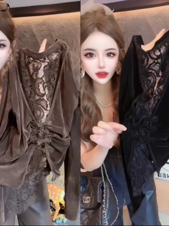 2025欧货设计美背蕾丝上衣女秋新款圆领修身长袖气质丝绒T恤小衫