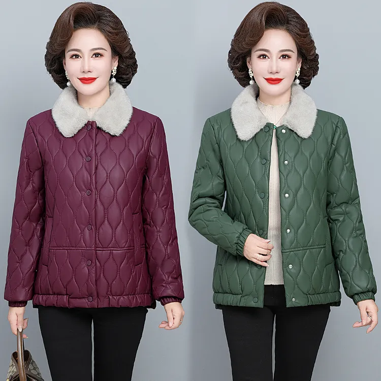 妈妈冬装外套短款皮衣新款棉衣中老年女装秋冬加绒加厚气质棉袄