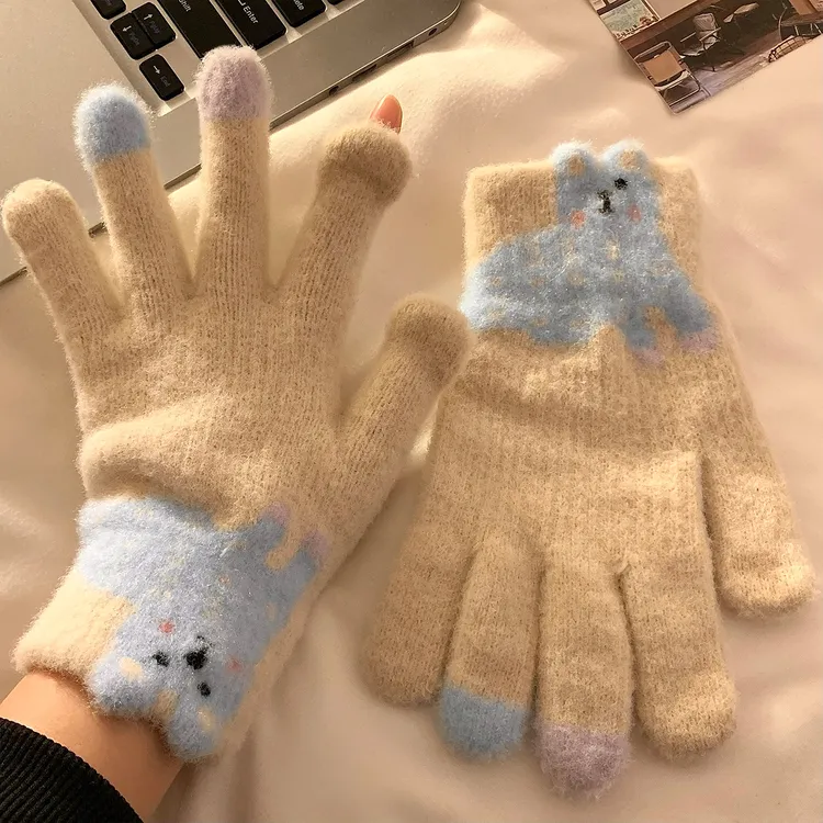 可爱腊肠狗露指触屏毛绒针织手套女冬季保暖学生加绒厚防寒骑行车