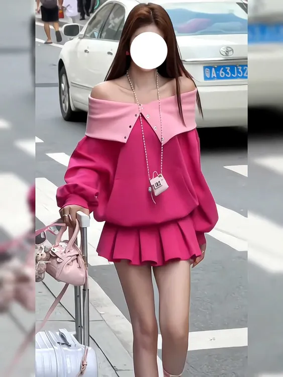 甜辣妹粉色一字肩套头卫衣半身裙两件套女秋季新款时尚休闲套装裙