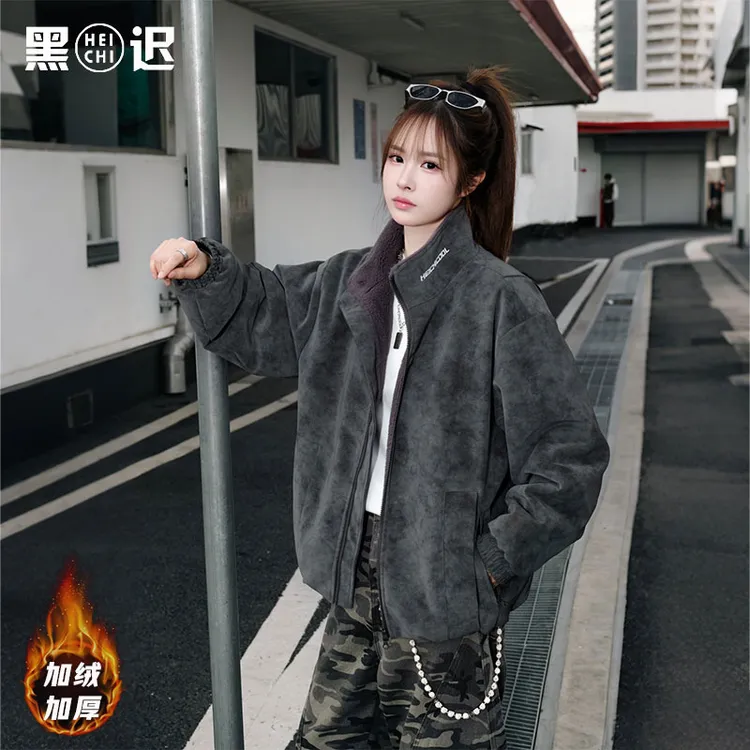 美式立领雾面pu皮夹克加绒外套男女款设计感座山雕宽松高级感上衣