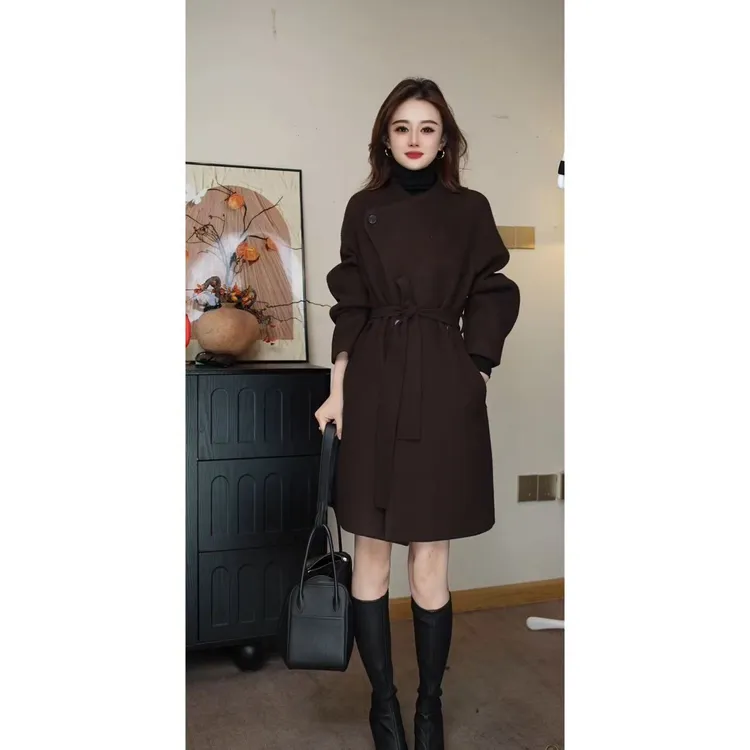 设计感立领2025冬季时尚简约中长款收腰系带百搭显瘦外套风衣
