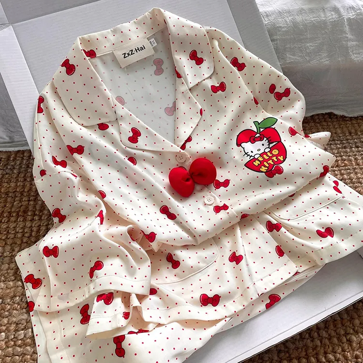 侘町2025新款蝴蝶结波点kitty短袖睡衣女夏季卡通冰丝家居服套装