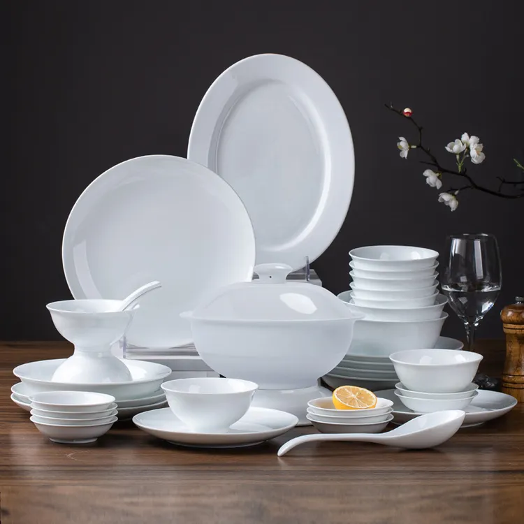 景德镇高档纯白碗盘碟大汤煲套组十人食高白瓷家用餐具套装价家庭
