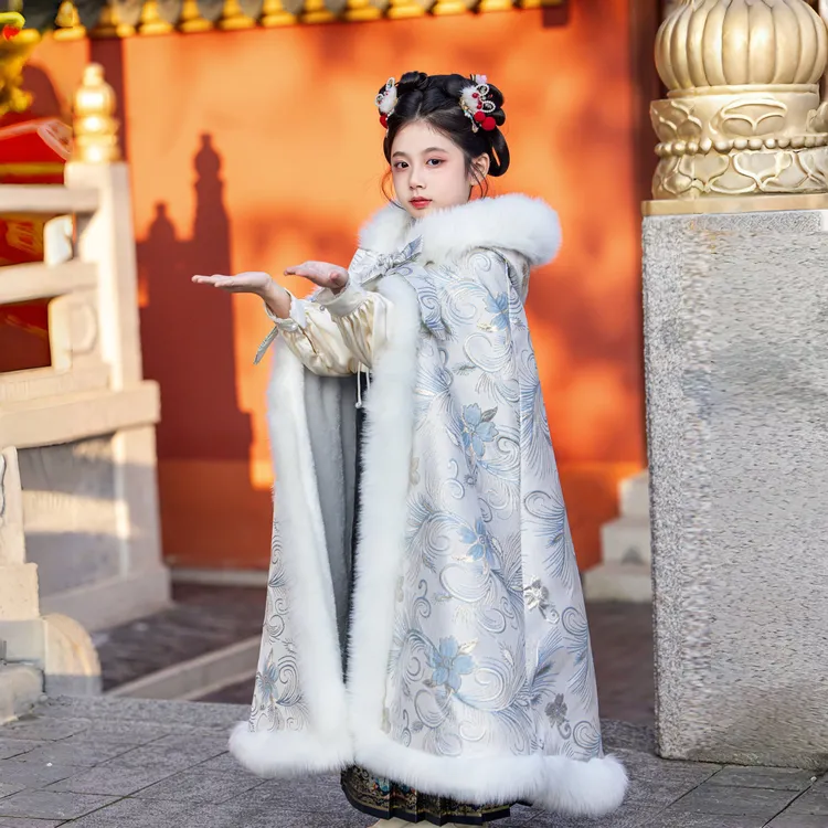 女童连帽披风斗篷蓝色冬款加绒加厚保暖儿童防寒古装长款超仙国风