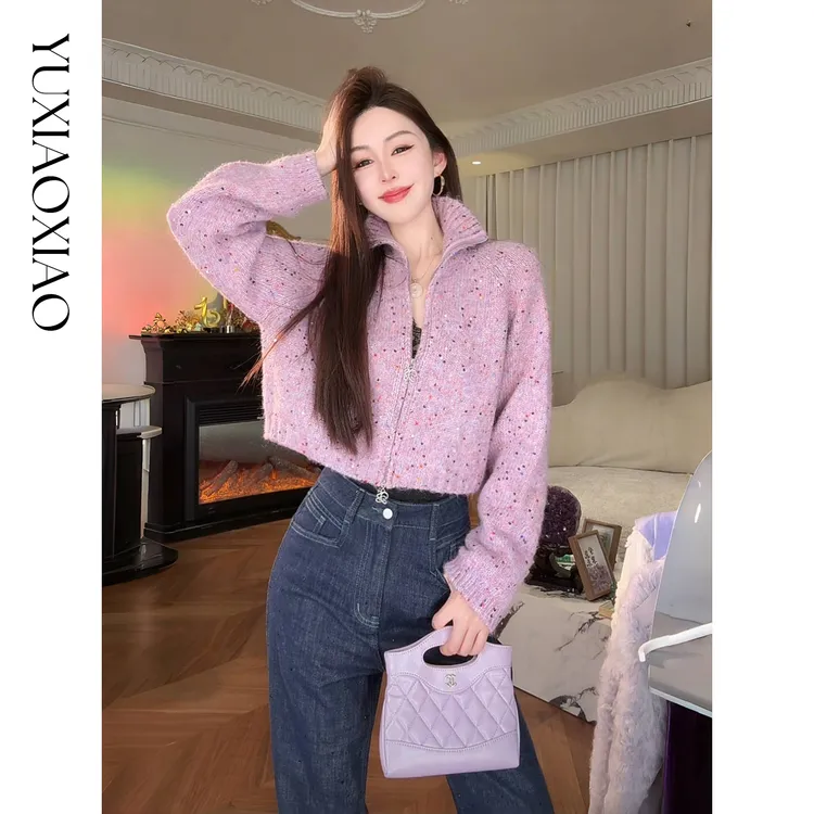 余潇潇【奶颜糖霜】时尚驼毛混纺花纱拼接彩色亮片翻领短款毛衣开衫