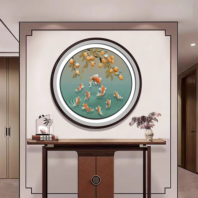 玄关墙正对入户门壁画客厅玉石挂画新中式装饰画圆形玉雕画九鱼图