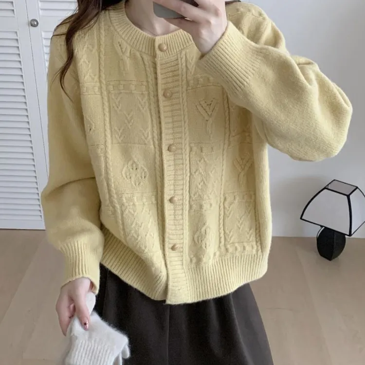 女毛针织衫韩系甜美针织开衫圆领女装上衣秋冬季长袖短款百搭复古