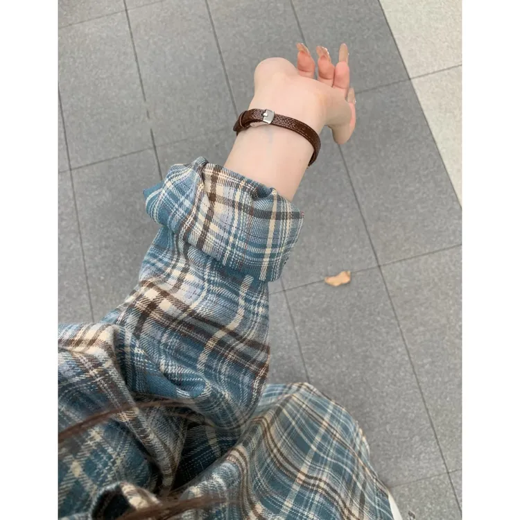磨毛蓝色格子长袖衬衫男女春秋oversize上衣休闲韩版情侣衬衣外套