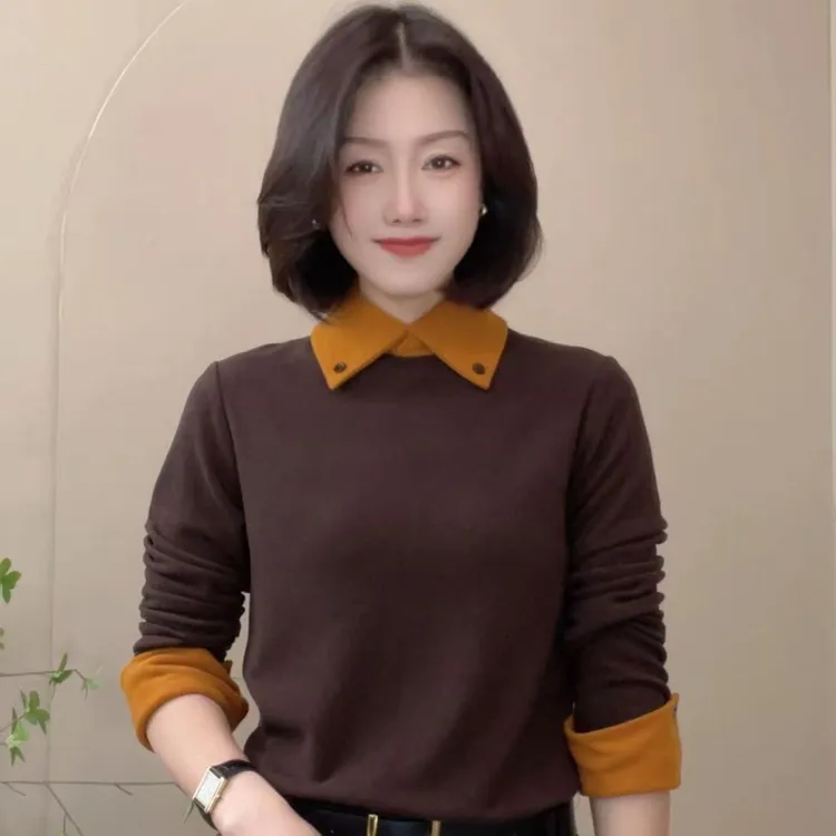320秋冬新款拼色长袖时尚百搭小衫女士气质翻领显瘦修身打底衫女
