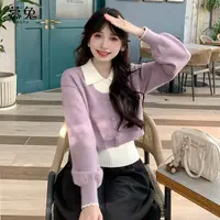 【真两件】慵懒风短款polo领毛衣女2025秋内搭背心针织开衫两件套