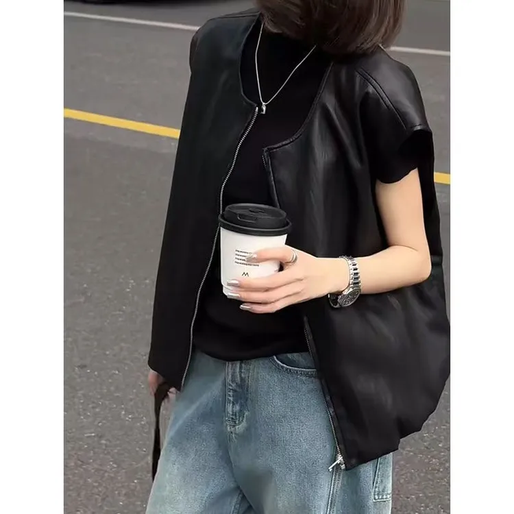 高级松弛感穿搭坎肩皮衣马甲女欧货拉链设计背心时尚洋气外穿外套