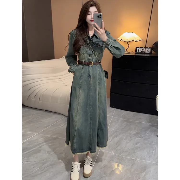 港风复古牛仔连衣裙2025秋季新款小众小个子收腰显瘦长袖A字长裙