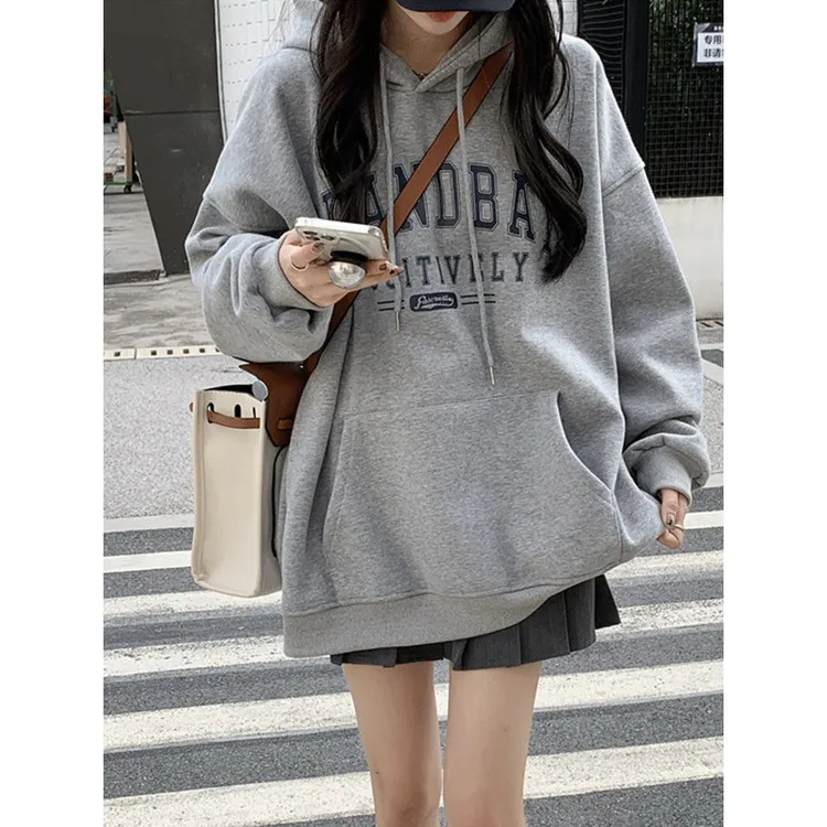 韩系灰色字母印花连帽卫衣女秋冬款美式休闲宽松中长款遮屁股上衣
