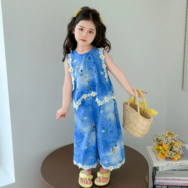 女童套装夏装2025新款洋气儿童休闲时髦夏季背心女孩阔腿裤两件套