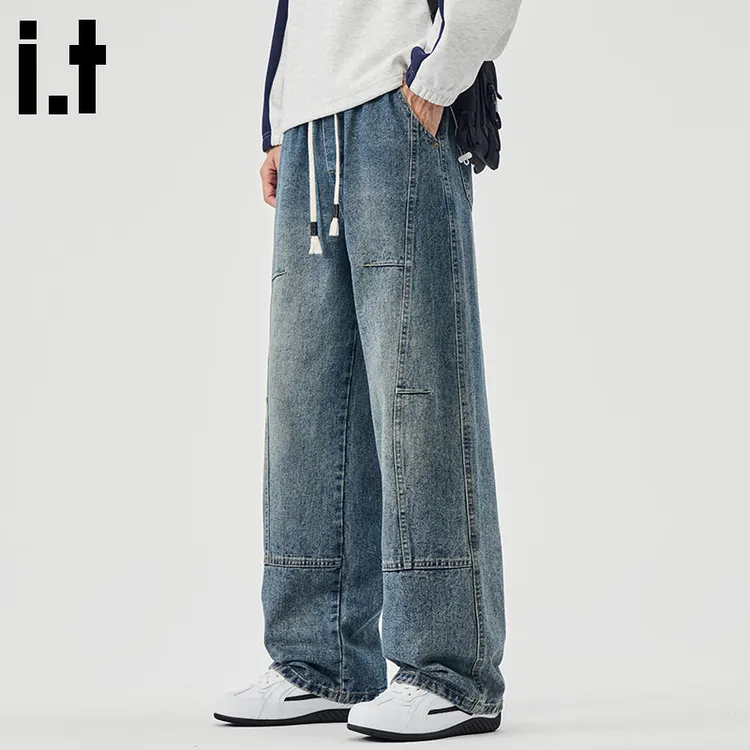 i.t:CHOCOOLATE美式高街拼接水洗直筒牛仔裤男秋冬潮牌宽松阔腿裤
