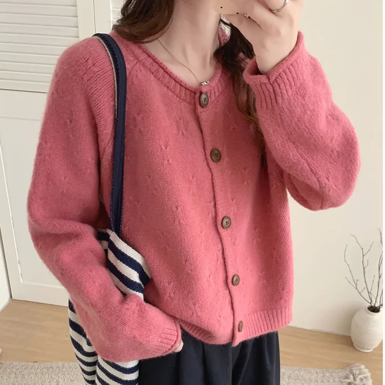 插肩袖复古卷边毛衣外套女宽松韩版显瘦保暖圆领冬季加厚针织开衫