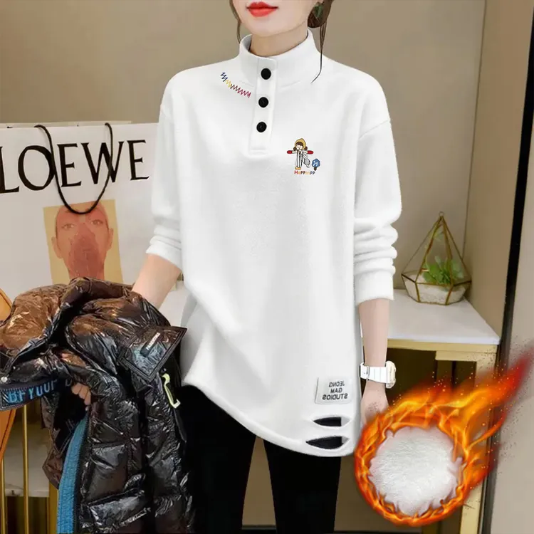 婳娇秋冬德绒加厚保暖长袖打底中长款破洞遮屁屁体恤衫半高领女装