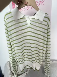 长袖条纹女装百搭毛针织衫绿色毛衣秋季立领宽松型136