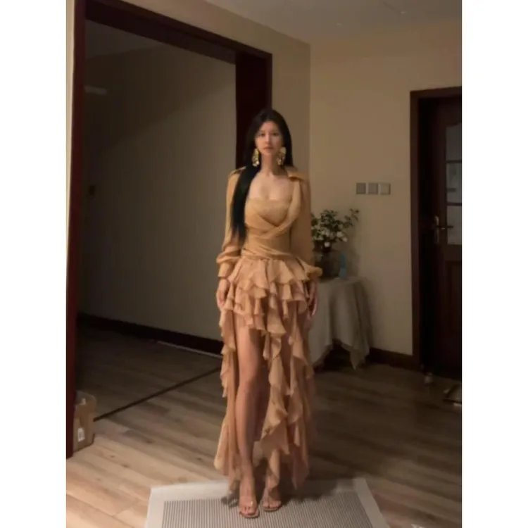 性感辣妹套装女秋季荡领雪纺长袖上衣蕾丝吊带背心半身裙子一整套