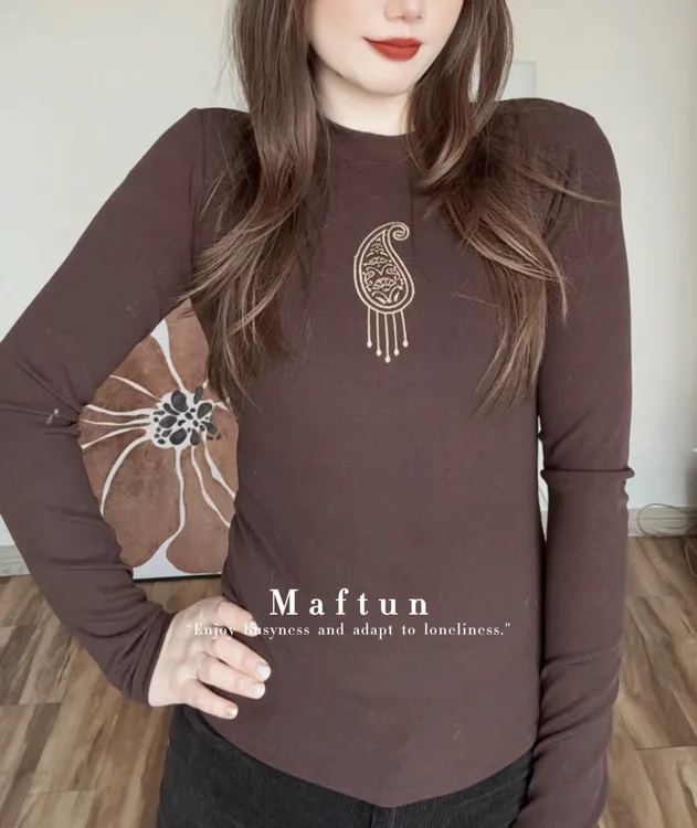 Maftun 民族风长袖刺绣针织修身显瘦百搭圆领打底衫