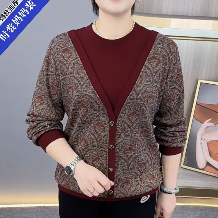 秋冬新款时尚假两件加绒加厚气质妈妈装遮肉显瘦减龄长袖T桖上衣