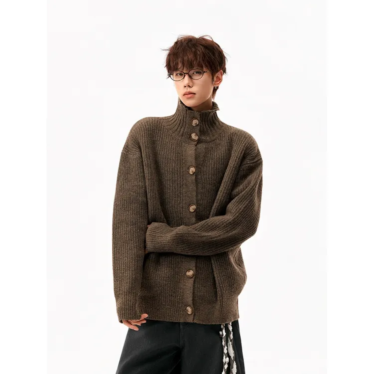美式复古高领开衫冬季毛衣男女秋冬宽松慵懒高级感针织衫外套潮