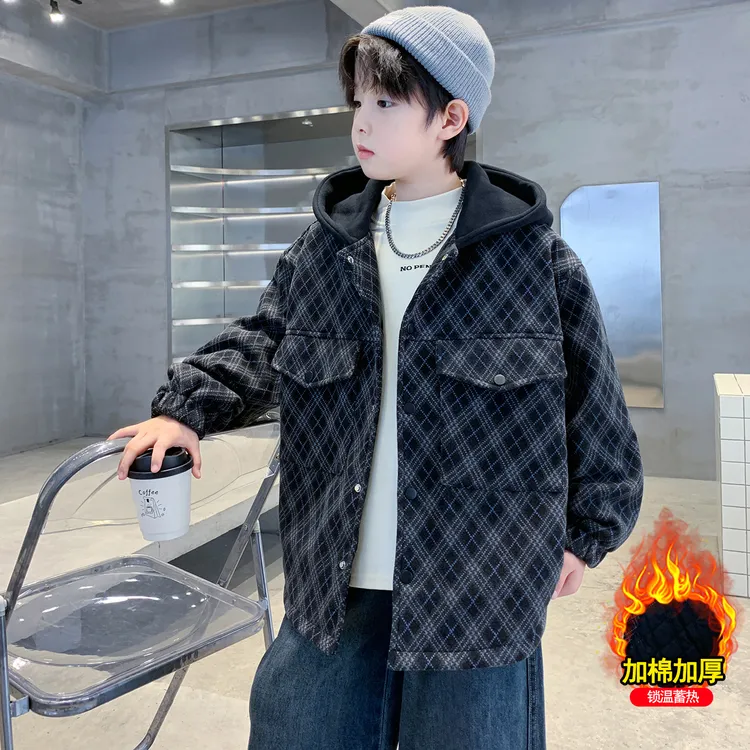 男童秋冬款外套夹棉加厚2025新款冬装中大童冬季连帽儿童格子风衣