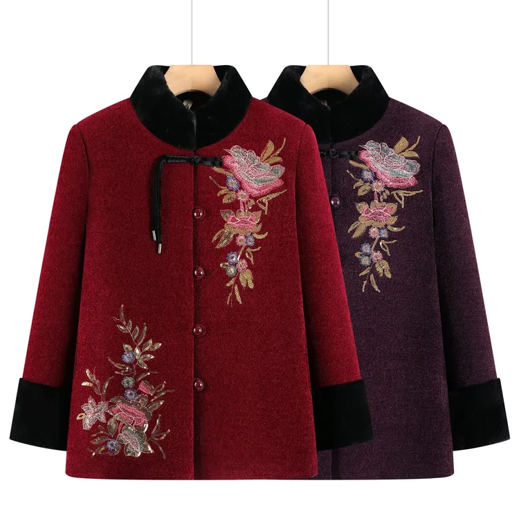 中老年女装国风立领棉衣气质冬季刺绣妈妈装民族风奶奶加厚外套