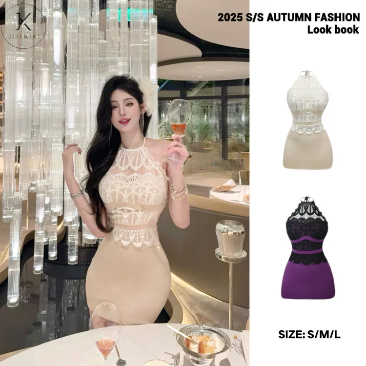 JOYKIKI金金【月光沙漏】秋季气质御姐撞色设计挂脖连衣裙J25C257