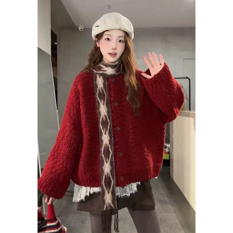 圣诞穿搭红色毛衣外套秋冬季2025新款慵懒高级感针织开衫新年女装