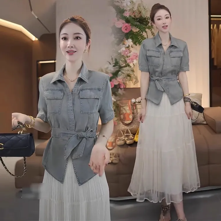 时尚连衣裙套装女夏季新款洋气系带收腰牛仔上衣网纱半身裙两件套
