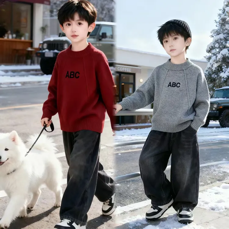 一体绒男童毛衣洋气套头2025秋冬新款加绒加厚刺绣百搭针织打底衫