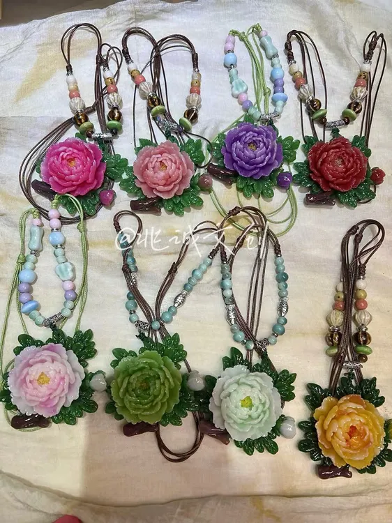 非金属陶瓷项链 树脂牡丹花项链，陶瓷链子纯手工制作中国风民族风