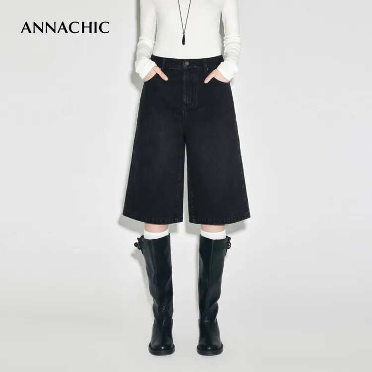ANNACHIC复古随性_水洗做旧直筒牛仔裤中裤秋冬/松弛感五分阔腿裤