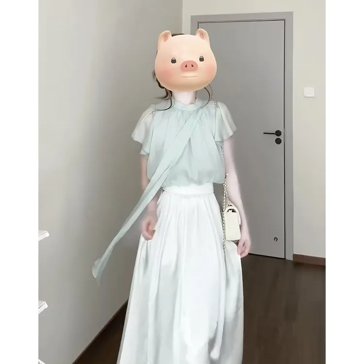 夏日绝美巨好看温柔风清冷高级感穿搭法式衬衫高腰半身裙钕两件套