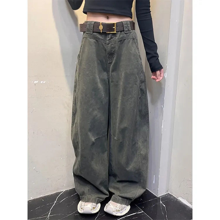 美式复古结构弯刀牛仔裤女冬季新款高腰宽松阔腿显瘦工装直筒裤子