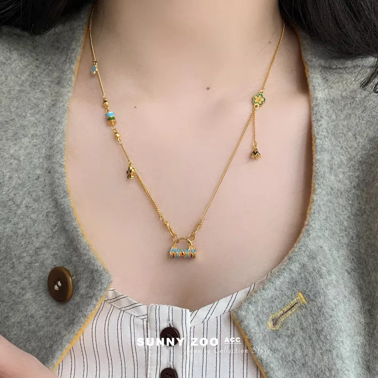 铜合金项链 古法雕花平安锁项链女新中式轻奢锁骨链颈链2025新款 