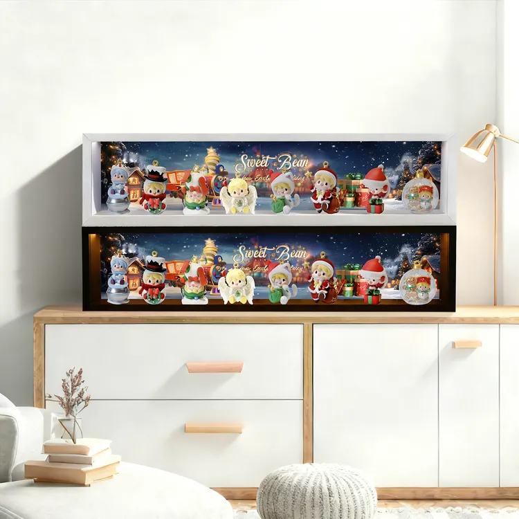 卡通可爱风圣诞主题手办收纳盒木质长方体展示盒办公室收藏防尘