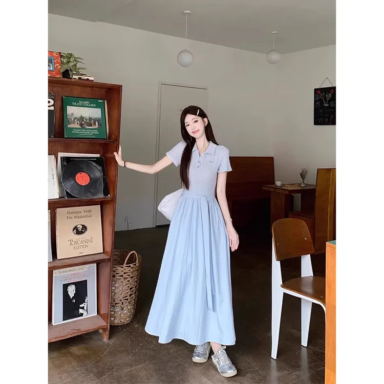 韩系POLO领绑带短袖连衣裙女夏季小众收腰独特漂亮蓝色a字长裙子