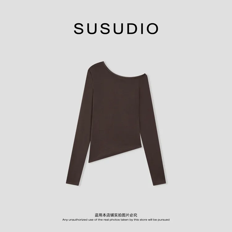 SUSUDIO 绵羊毛+莱赛尔 极简柔软斜肩长袖修身早秋T恤 A1028