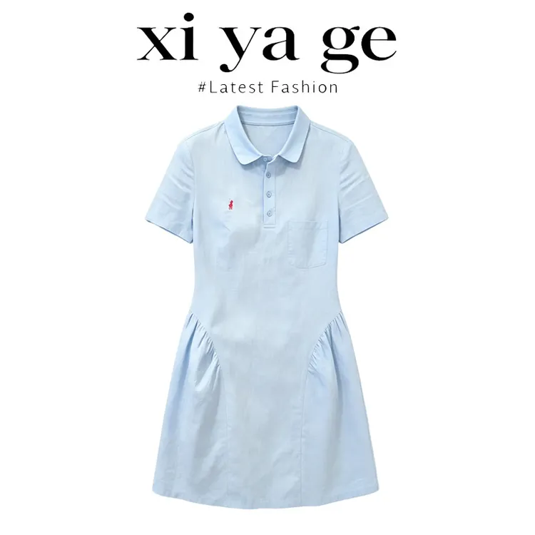 X-YAGE【全额运补】休闲通勤简约Polo领刺绣高知透气宽松直筒连衣裙