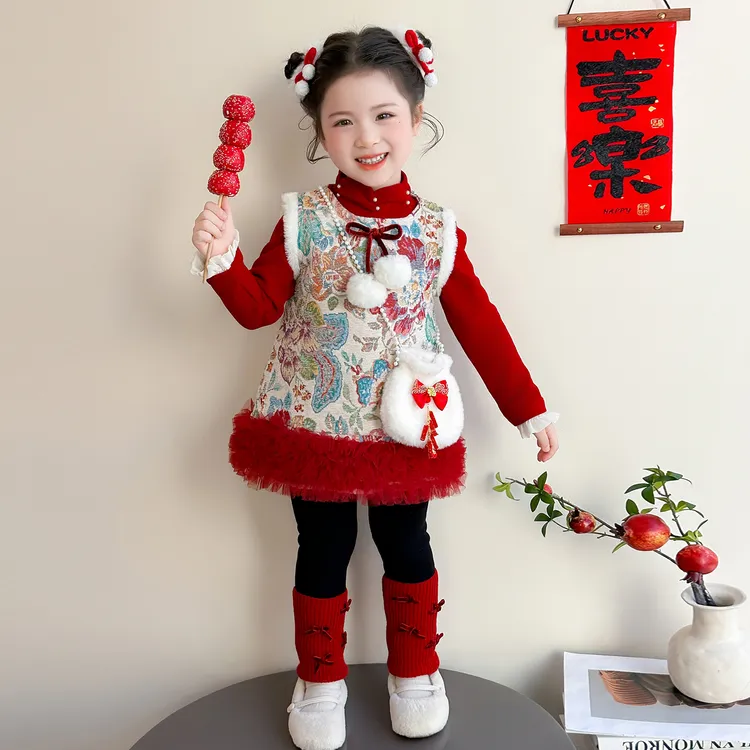 女童冬款连衣裙2025年新款中式国风拜年服潮款堆堆袜打底裤三件套