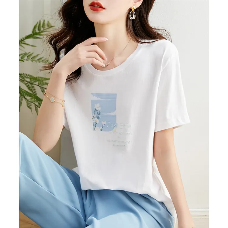 尚静100棉纯棉时尚立体字母印花T恤2025夏季新款简约休闲短袖上衣