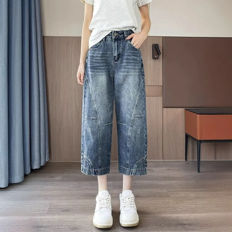 复古时尚宽松八分弯刀阔腿裤夏季薄款直筒牛仔裤高腰休闲显瘦百搭