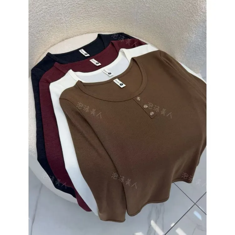 棕褐色3粒扣简约万能打底衫百搭显瘦纯色长袖T恤女秋25新 58-61