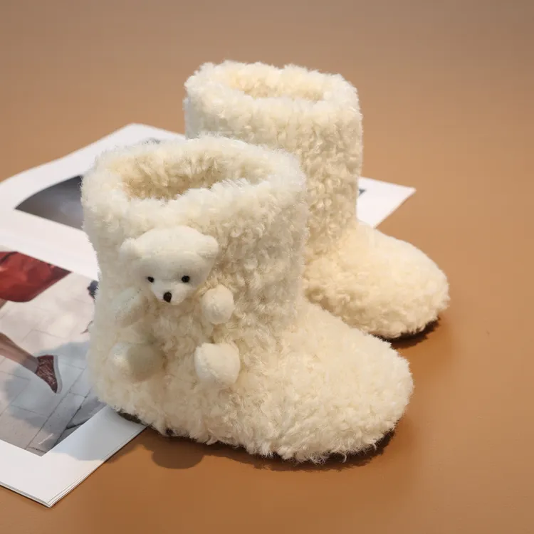 女童韩版男女通用冬季可爱小熊雪地靴棉靴2-6岁软底保暖毛毛靴子